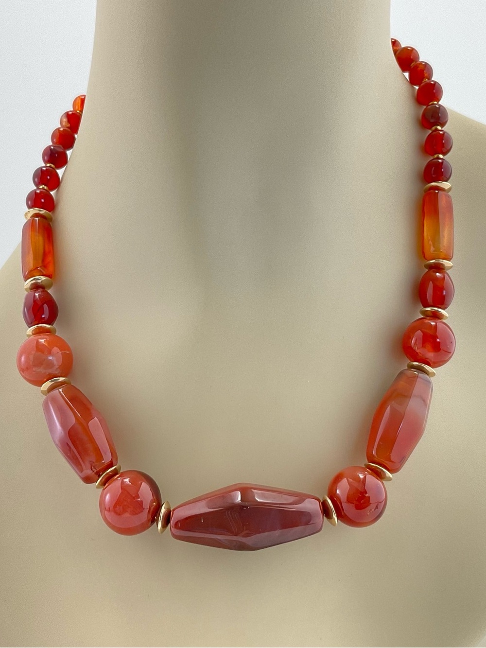 Vintage Carnelian Necklace with Gold Plate Accent Beads, BoHo, 18 1/2" Long
